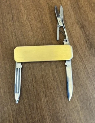 Navaja de bolsillo vintage delgada de latón de acero inoxidable Japón con tijeras Foto 1 de 4