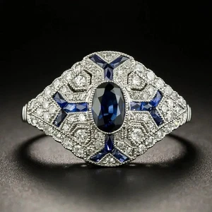 Anillo de compromiso estilo Art Deco zafiro y diamantes creados en laboratorio de oro blanco de 14 K FN - Imagen 1 de 7