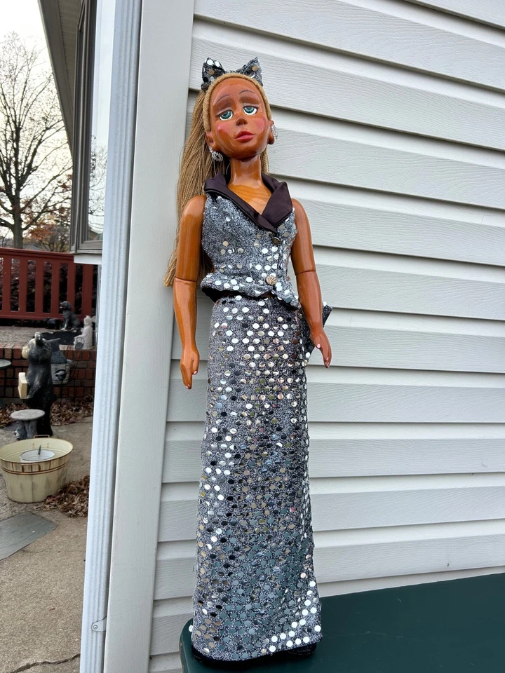 Harald Naber Wooden Doll – "Chari," 43" Tall, Unique Hand-Carved Artwork w/ Base - Image 1 of 4