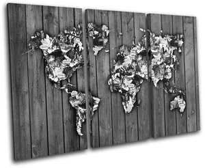 World Atlas Paint Wood B/W Maps Flags TREBLE CANVAS WALL ART Picture Print - Picture 1 of 1