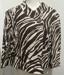 Michael Kors Womens Blazer Sz 12P Animal Print Linen 3/4 Sleeve Tweed Jacket - Picture 1 of 5