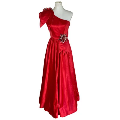 Alyce Designs Vtg Cottage Chic Dress 6 Red Sequin One Shoulder Drop Waist - Image 1 of 4