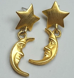 Vintage Pierced Earrings Moon Face Matte Gold tone Statement Stars 80s celestial - Picture 1 of 12