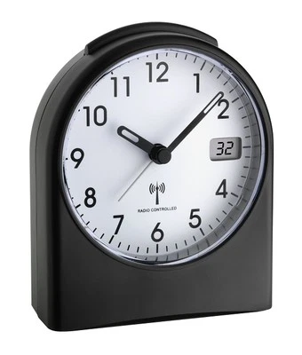 FUNKWECKER TFA 98.1040.01 BLACK LAUTLOS OHNE SEKUNDENTICKEN FUNKUHREN SNOOZE   - Bild 1 von 3
