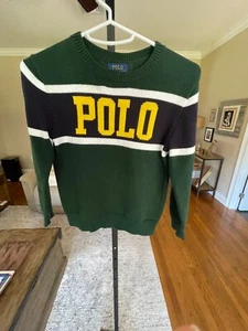Polo Ralph Lauren Boys Sweater Green With Polo Logo Preppy Crew neck Pullover S7 - Picture 1 of 8