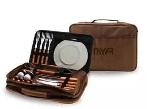 Mya Picknick BBQ Set 21-teilig Outdoor Camping Grill Holz Silberbesteck Set für 4 SCHÖN - Bild 1 von 24
