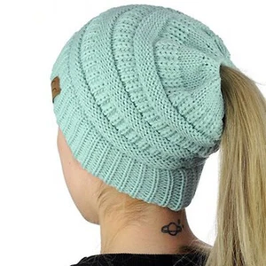 Cable Knit Teal Soft Stretch Beanie Winter Hat with Ponytail Hole for Women - Picture 1 of 3