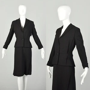 Medium 1970s Pauline Trigere Black Linen Skirt Suit Bias Cut Skirt Jacket VTG - Picture 1 of 10