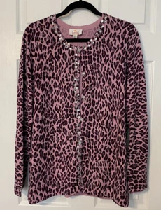 Quacker Factory Women’s Cardigan Sweater Size L Pink Animal Print Sequined - Picture 1 of 8