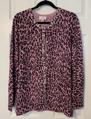 Quacker Factory Women’s Cardigan Sweater Size L Pink Animal Print Sequined  - Image 1 of 4