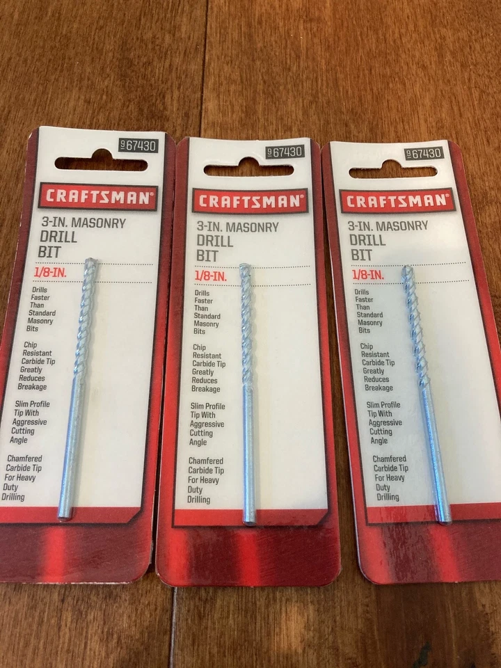3 PACK, CRAFTSMAN 1/8" x 3" Masonry Drill Bit CARBIDE Tip Concrete - Image 1 of 1