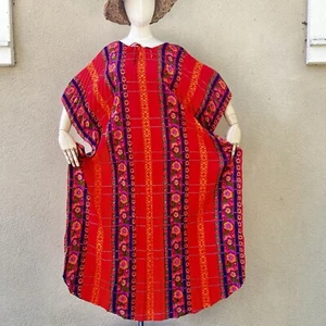 HAWAIIAN Floral Blood Orange 60’s 70’s Vintage Accordion Kaftan Caftan Dress L - Picture 1 of 16