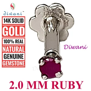 Diwani 2.0mm Natural Ruby Nose Pin Lip Labret Piercing Stud Ring Screw 14k Gold - Picture 1 of 12