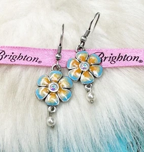 Brighton Orchard Orange Flower Crystal Pearl Blue Silver Plate Hook Earrings - Picture 1 of 7