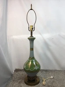 Mid Century Hollywood Regency Brass & Hand Painted Green Glass Table Lamp 34” - Picture 1 of 14