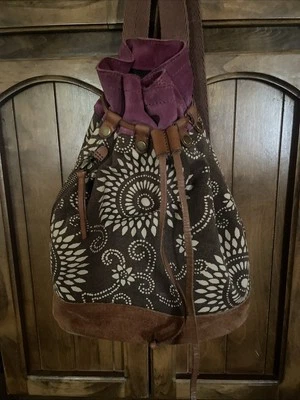 Lucky Brand Backpack Tote Purse, Canvas, Suede, Leather, Floral, - Image 1 of 4