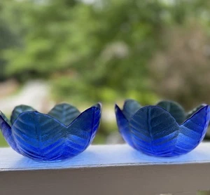 Vintage Cobalt Blue Glass Leaf Bowl Trinket Candle Plant Dish Cottagecore Pair - Picture 1 of 7