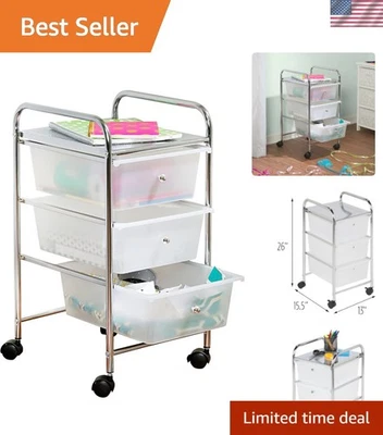 Carro de almacenamiento de plástico compacto plateado de 3 cajones con ruedas para movilidad sin esfuerzo Foto 1 de 4