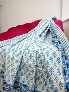 Indian Floral kantha throw handmade cotton quilt block print king size bedspread - Picture 1 of 9