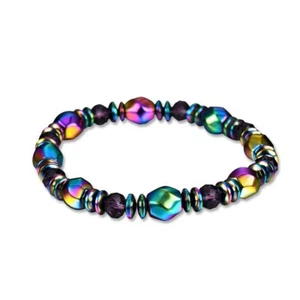 Pulsera elástica magnética multicolor tejida a mano con hematita colorida - Imagen 1 de 5
