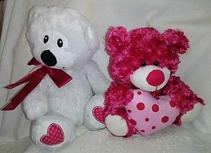 Juego de 2 Osos de Peluche/Relleno de San Valentín-10" Blanco-Rosa Arco-/8" Rosa-Rosa Corazón - Imagen 1 de 8