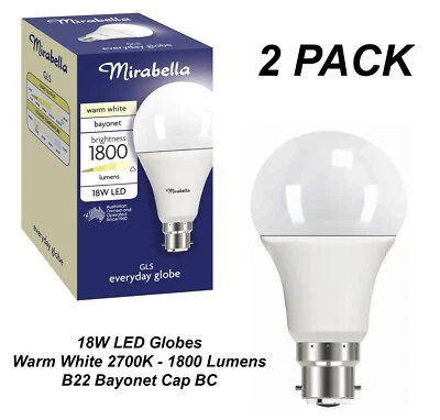2 x 18W LED Light Globes Bulbs Lamps Warm White 2700K B22 Bayonet - 1800Lm - Image 1 of 4