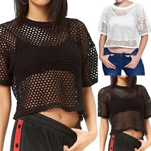 Sexy Sheer Fishnet Tank Crop Tops Women's See Through Mesh T Shirts Blouse