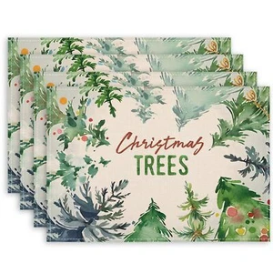Green Christmas Tree Placemats Set Of 4 12x 18 Inch Holiday Winter Farmhouse Rus - Picture 1 of 6