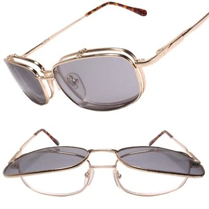 Old School Rectangle Flip Tinted Lens Gold Frame 2.00 Reading Sun Glasses - Picture 1 of 4
