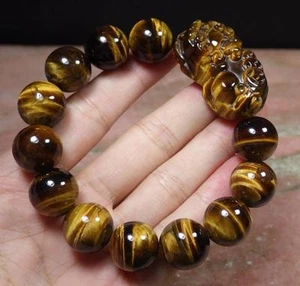 Brazalete de moneda Feng Shui 284323 con cuentas de jade tigre gato tigre cuentas - Imagen 1 de 7