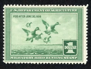 US RW4 1937 MH $1 light green Hunting Permit - Picture 1 of 1