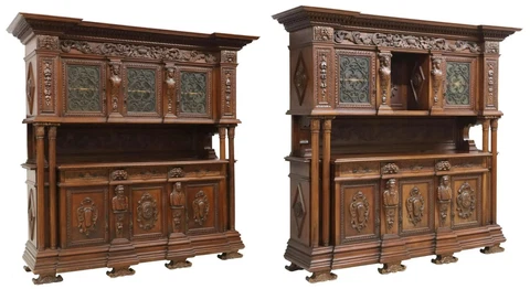 Sideboard, Monumental Pair, Fine Carved, Renaissance  Revival, Walnut,  E. 1900s Cover