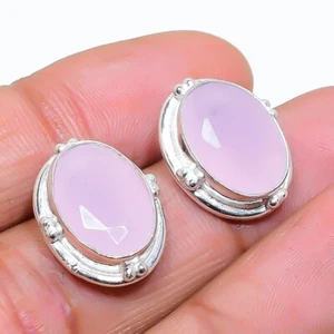Pink Rose Quartz Gemstone Handmade 925 Starling Silver Jewelry Stud Earring - Picture 1 of 1