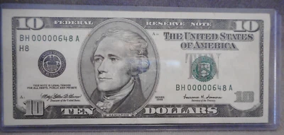 $10 Dollar Bill 1999  Low Serial BH 00000648 A - Image 1 of 4