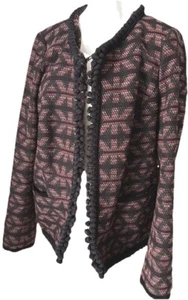 Women’s Monsoon Jacket Blazer Pockets Sz 14 Tweed Red Gray Black Aztec Pom Pom - Picture 1 of 14
