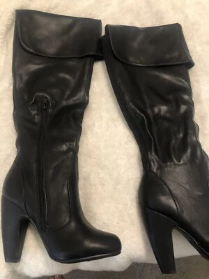 MUJERES Talla 7 Nuevo Negro Tacón Largo Punta Redonda Sexy Bota Hasta la Rodilla Foto 1 de 3