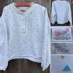 Vintage One Step Up Cropped Henley Sweatshirt Pastel Geometric 1980s Taiwan ROC - Picture 1 of 24