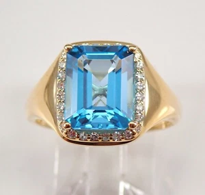 14K Yellow Gold Emerald Cut Blue Topaz and Diamond Halo Engagement Ring Size 7 - Picture 1 of 7