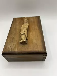 Vintage Asian Wood Box with Carved WoodenGuan Yin Figure on cover6.4x4.5x2 in. - Picture 1 of 6