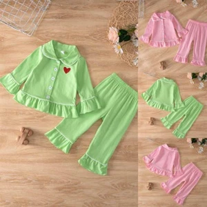 Newborn Baby Girl Clothes Button Top Long Pants Ruffle Homewear Outfits Set - Picture 1 of 12