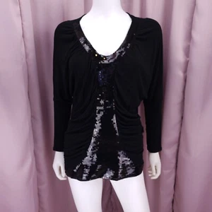 '90s Y2K Charming Charlie Women's Black Sequin V-Neck Ruched Shirt Top Large - Picture 1 of 7
