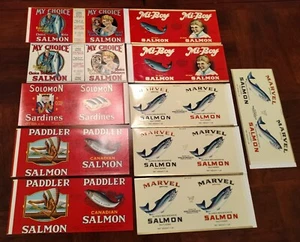 Konvolut 11 Vintage 1910er - 30er Jahre - LACHS - DOSENETIKETTEN - alle verschieden - WOW - Bild 1 von 4