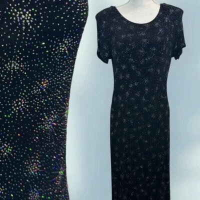 Vestido maxi vintage anos 90 MOLLY MALLOY noite arco-íris brilhante metálico preto M - Imagem 1 de 4