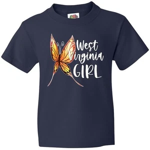 Inktastic West Virginia Girl- Butterfly Youth T-Shirt State Home Charleston City - Picture 1 of 7