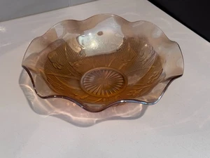 Jeanette Iris Herringbone Marigold Carnival Glass Ruffled Fruit Bowl Centerpiece - Picture 1 of 2