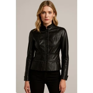 Chaqueta de cuero negra con botones y volantes Per Se Carlisle 2 - Imagen 1 de 7