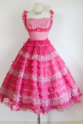 Vintage 1950s Prom Dress RARE! Shocking Pink Tulle Velvet Bows Punk Princess XS - Image 1 of 4