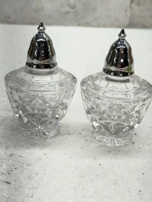 Vintage Set of 2 Crystal Glass Salt & Pepper Shakers Small Ornate Silver Lid - Image 1 of 4