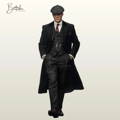 Traje de 3 piezas de tweed negro vintage para hombre Peaky Blinders estilo lana conjunto a medida Foto 1 de 4