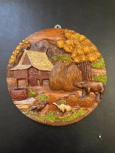 Vintage Thailand Hand Carved Wood Wall Decor Plaque Village - Picture 1 of 3